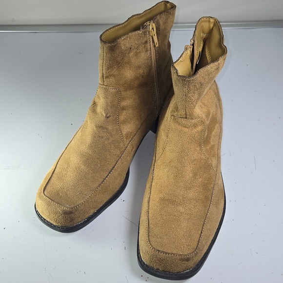 Predictions Tan Suede Square Toe Ankle Boots Block Heel Side Zip Women Size 8M - Picture 1 of 11
